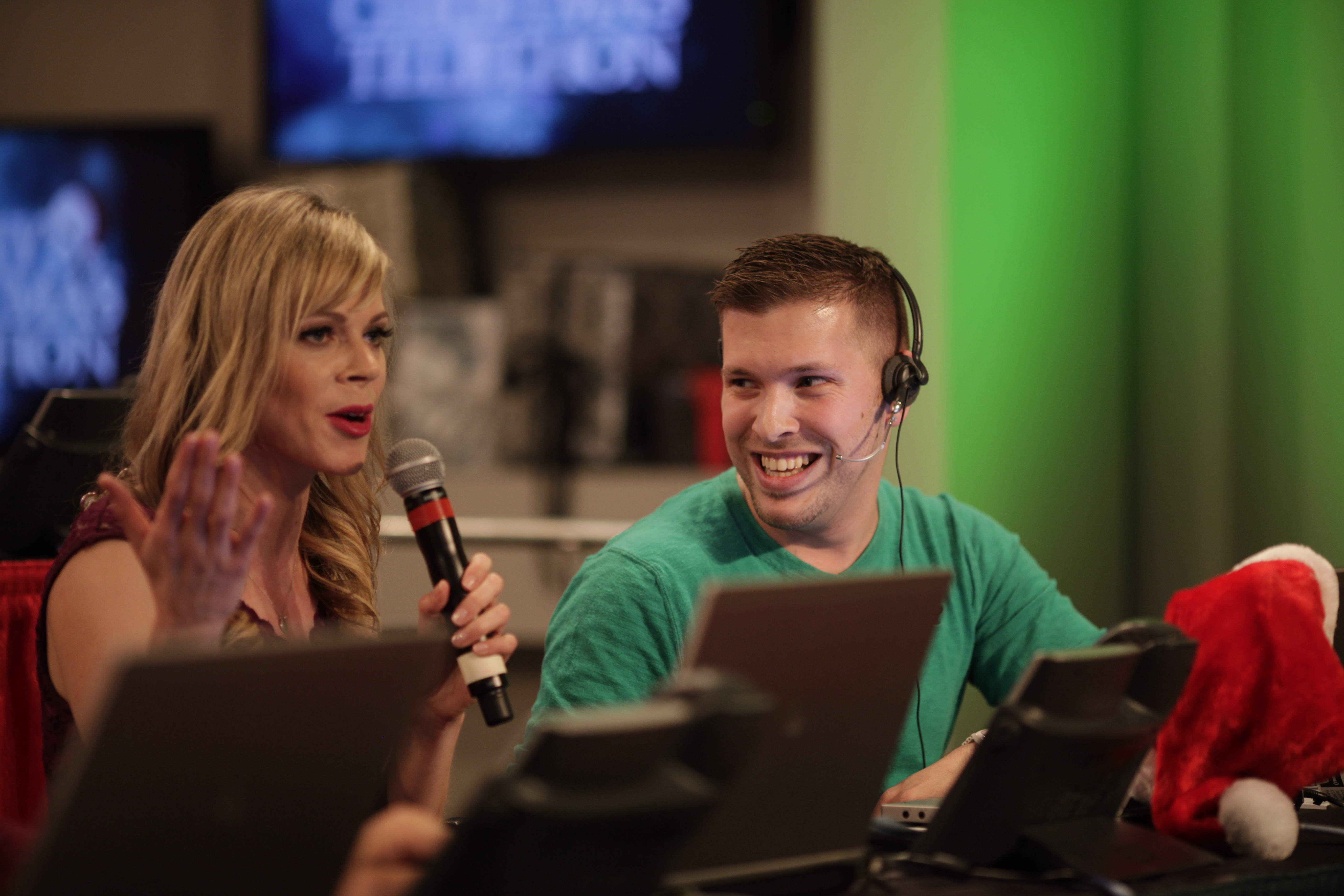 Marco and Shaw TV personality Bianca Solterbeck having a laugh while taking pledges at the 2015 Timmy's Christmas Telethon.