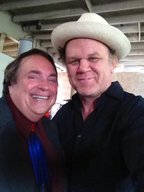 On set with John C Reilly during the filming of Tim and Eric's bebtime stories