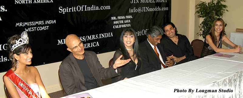 Miss India America Megha Nabe with Deepak Nayer, Ashok Amritaj, Anand Jon, and Saira Mohan.