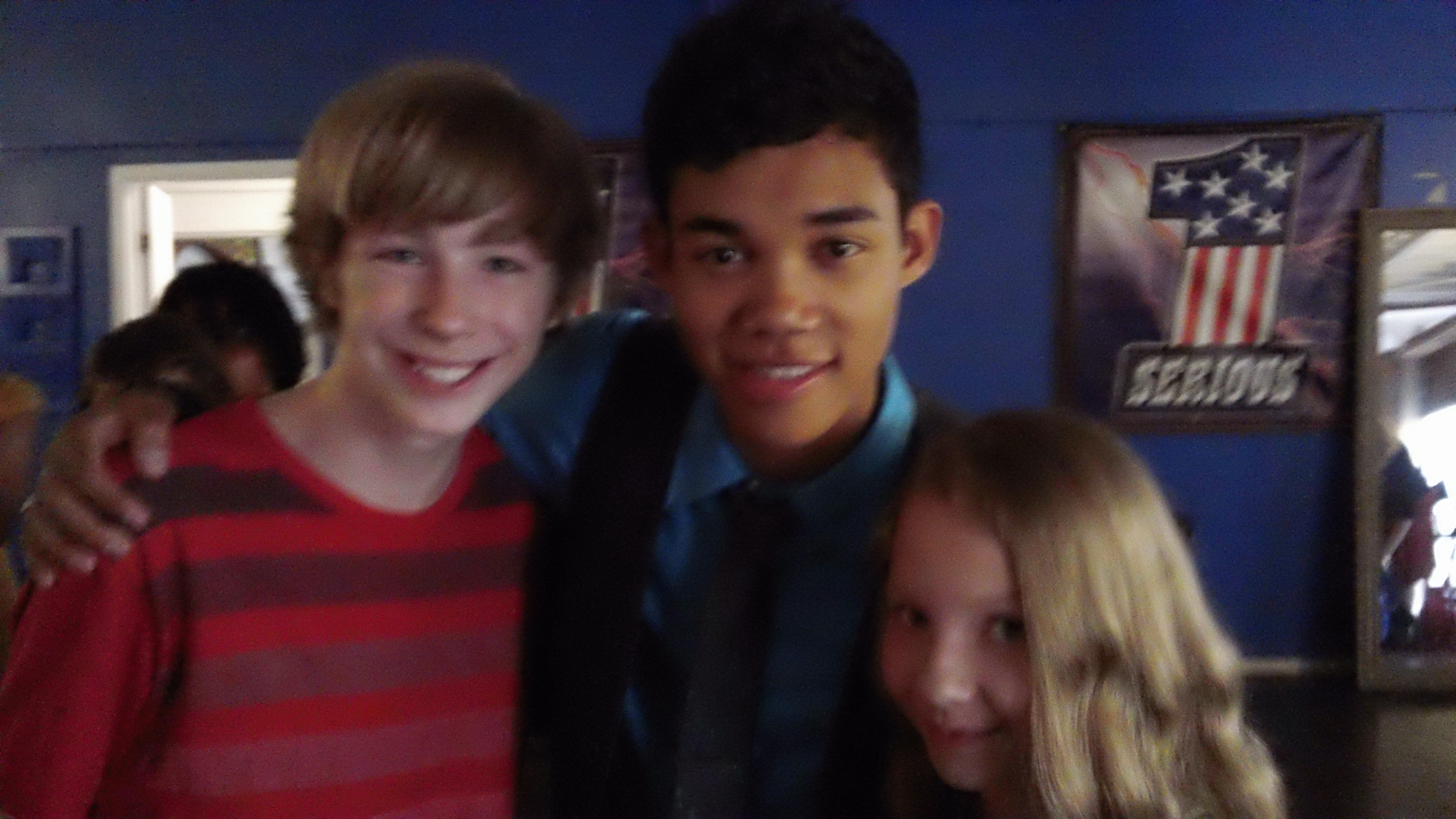 Roshon Fegan stops for a photo with Joey and Elise Luthman during the shooting of the Disney pilot: 