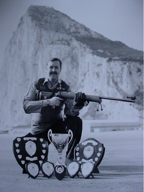 Steve with some of his awards for rifle marksmanship over the years Cira Gibraltar 1991
