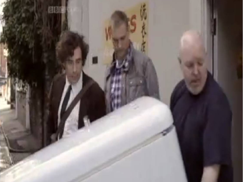 Steve McTigue can be seen here with Stephen Mangan on a still from the BBC Comedy 'Dirk Gently' 2010