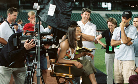 Charles Stone III (right) directs Angela Bassett (center) while producer Maggie Wilde (left of Stone) and Director of Photography Shane Hurlbut (right of Bassett) look on.