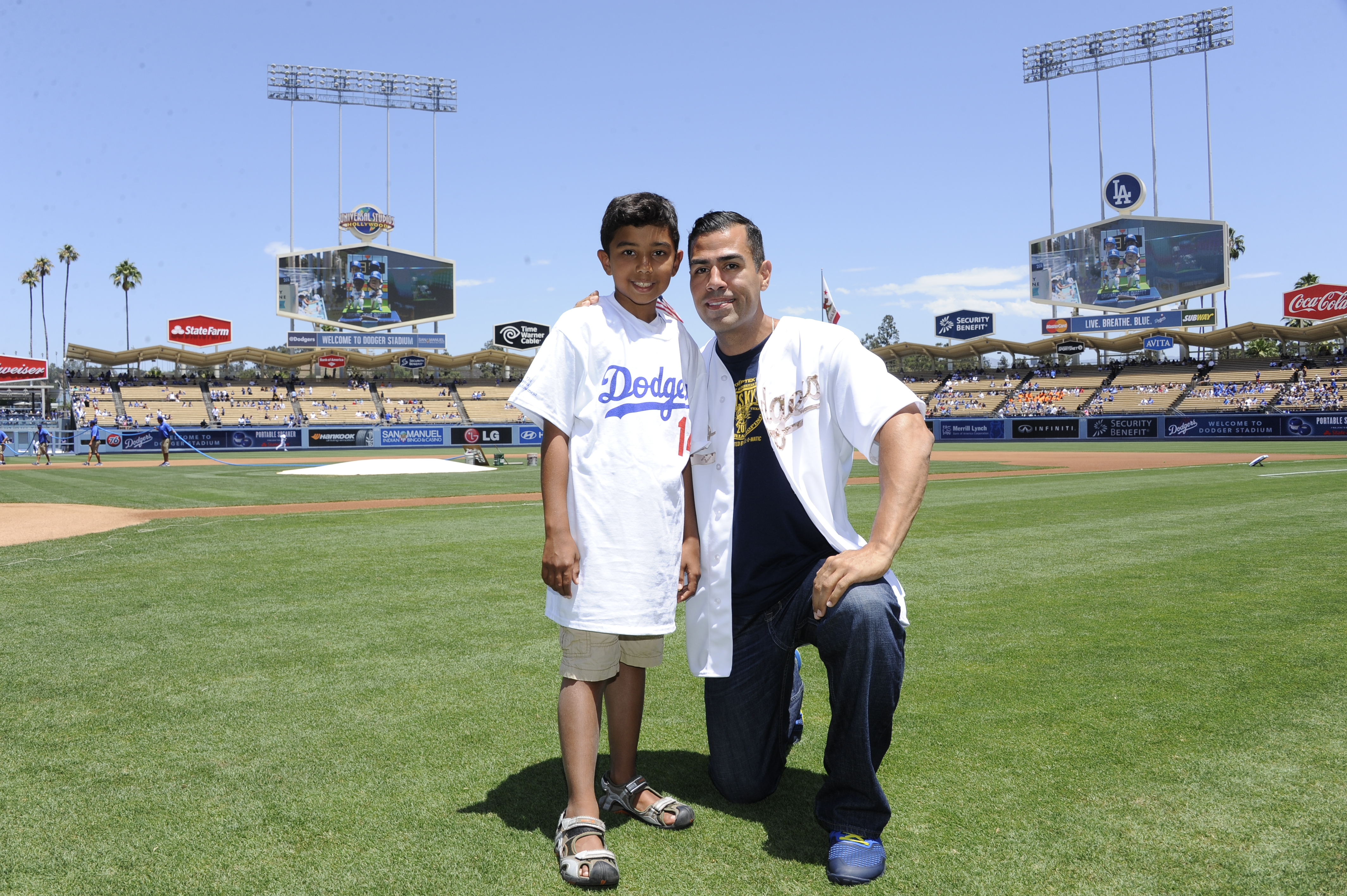 JW Cortes and his son moments before JW sang the National Anthem for the LA Dodgers vs. San Diego Padres game in front of nearly 48,000 fans!