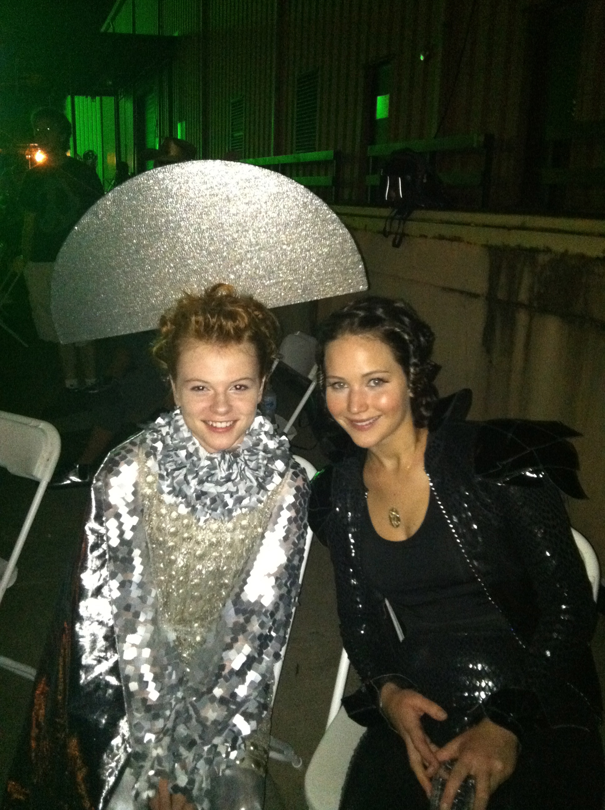 Annie Thurman and Jennifer Lawrence on set for 