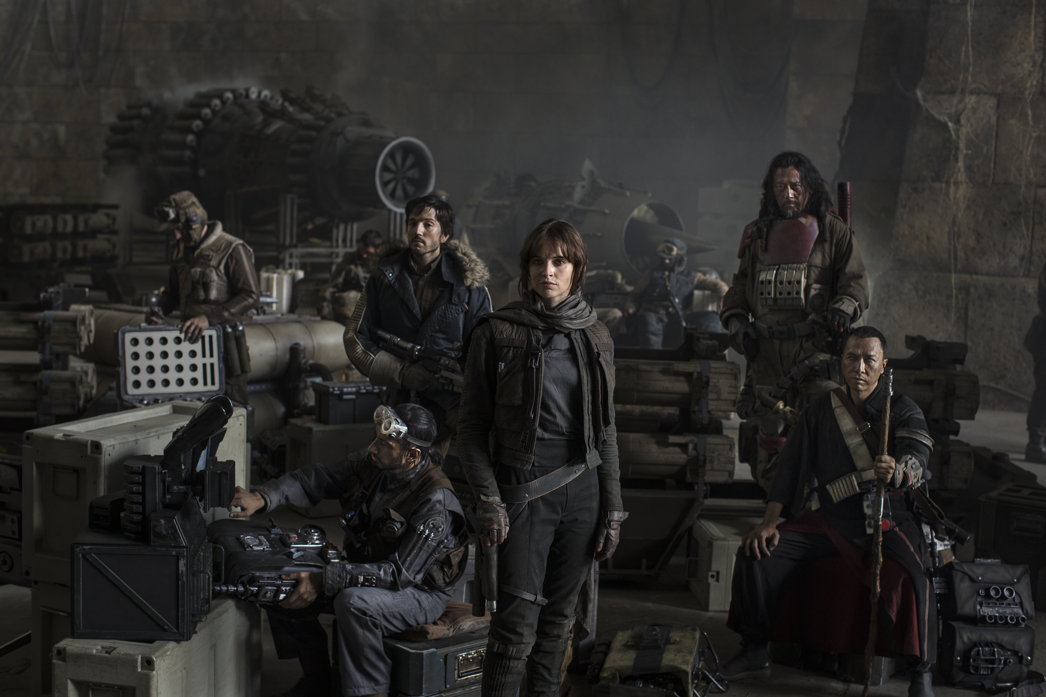 Still of Wen Jiang, Felicity Jones, Diego Luna, Donnie Yen and Riz Ahmed in Rogue One: A Star Wars Story (2016)