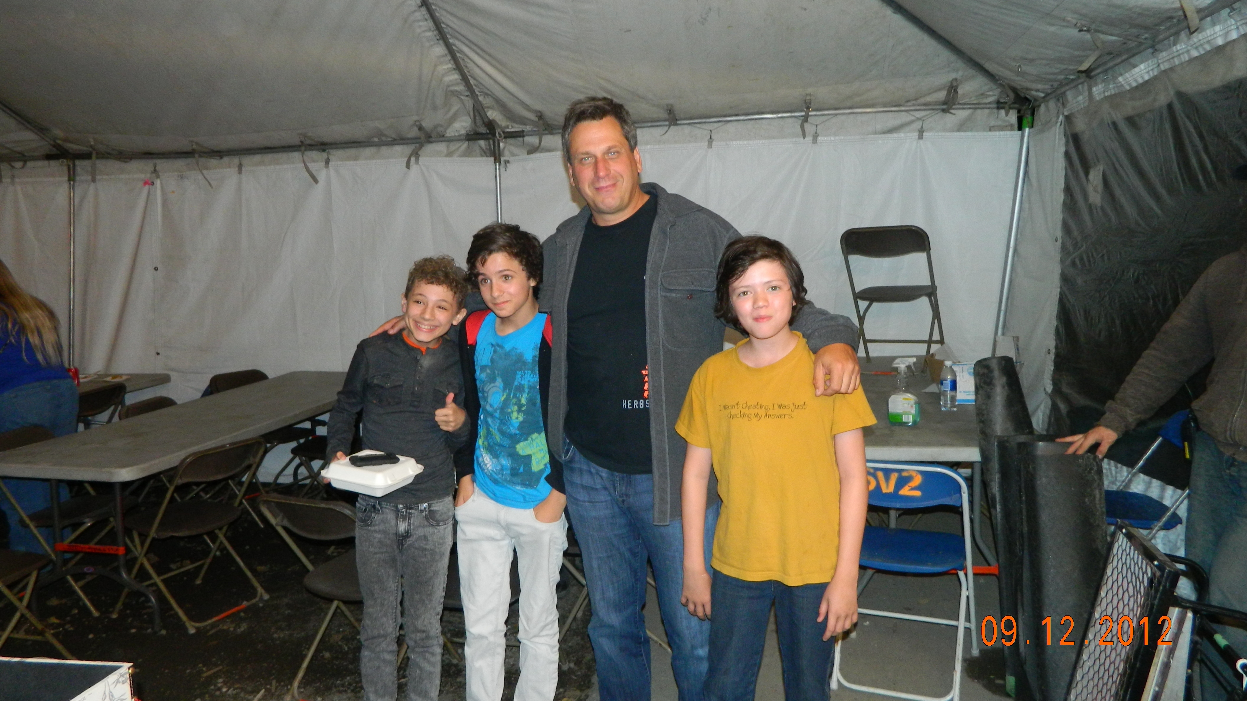 Me (middle/left) with Maxim Knight (left), Director James Marshall (middle), and Nicholas Filipovic (right)on set of Falling Skies Sept. 2012