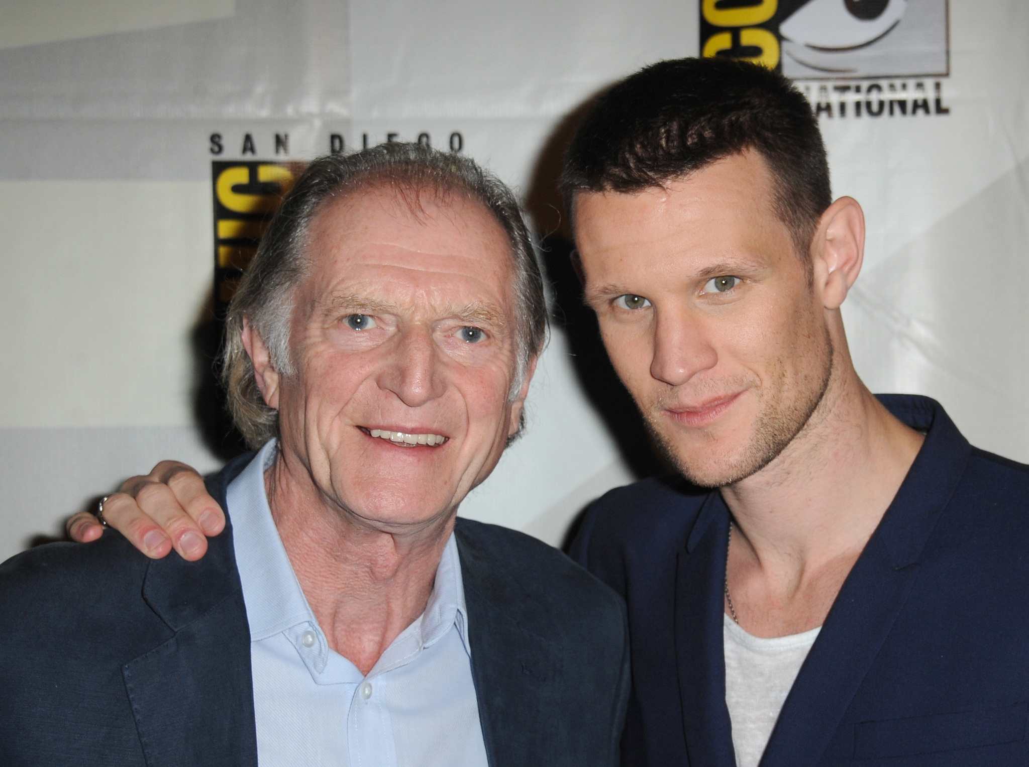 Actors David Bradley (L) and Matt Smith speak onstage at BBC America's 