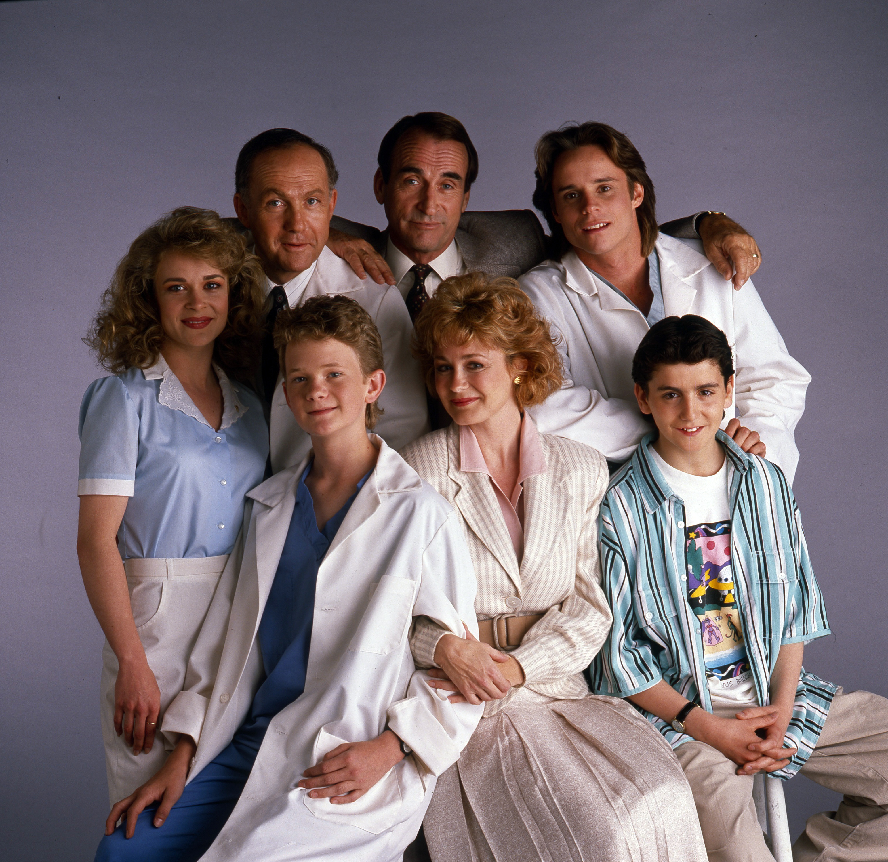 Still of Neil Patrick Harris, Mitchell Anderson, Max Casella, Kathryn Layng, Belinda Montgomery, Lawrence Pressman and James Sikking in Doogie Howser, M.D. (1989)