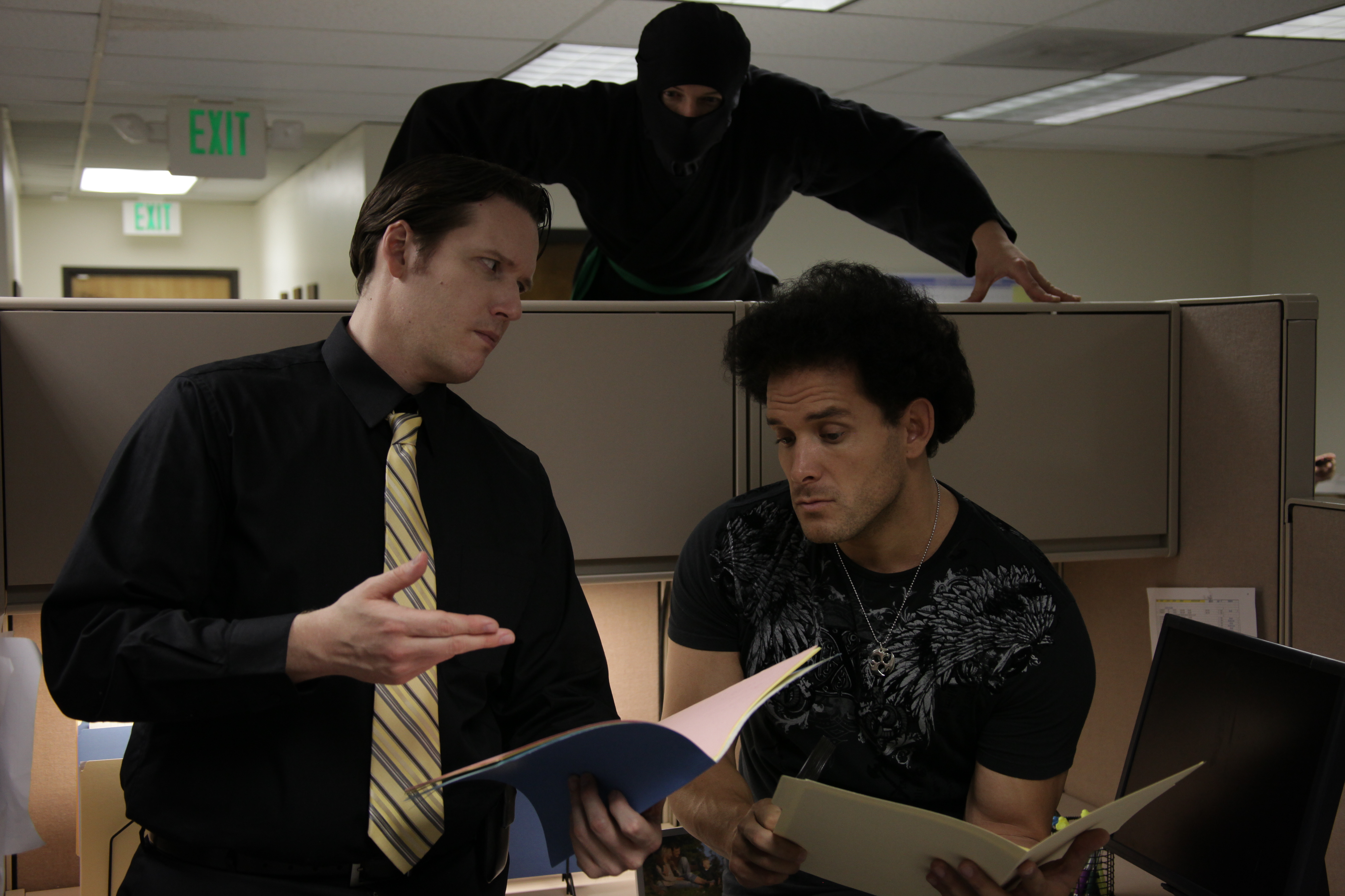 Jade Carter, Jose Rosete, and Robb Padgett on set of Office Ninja.