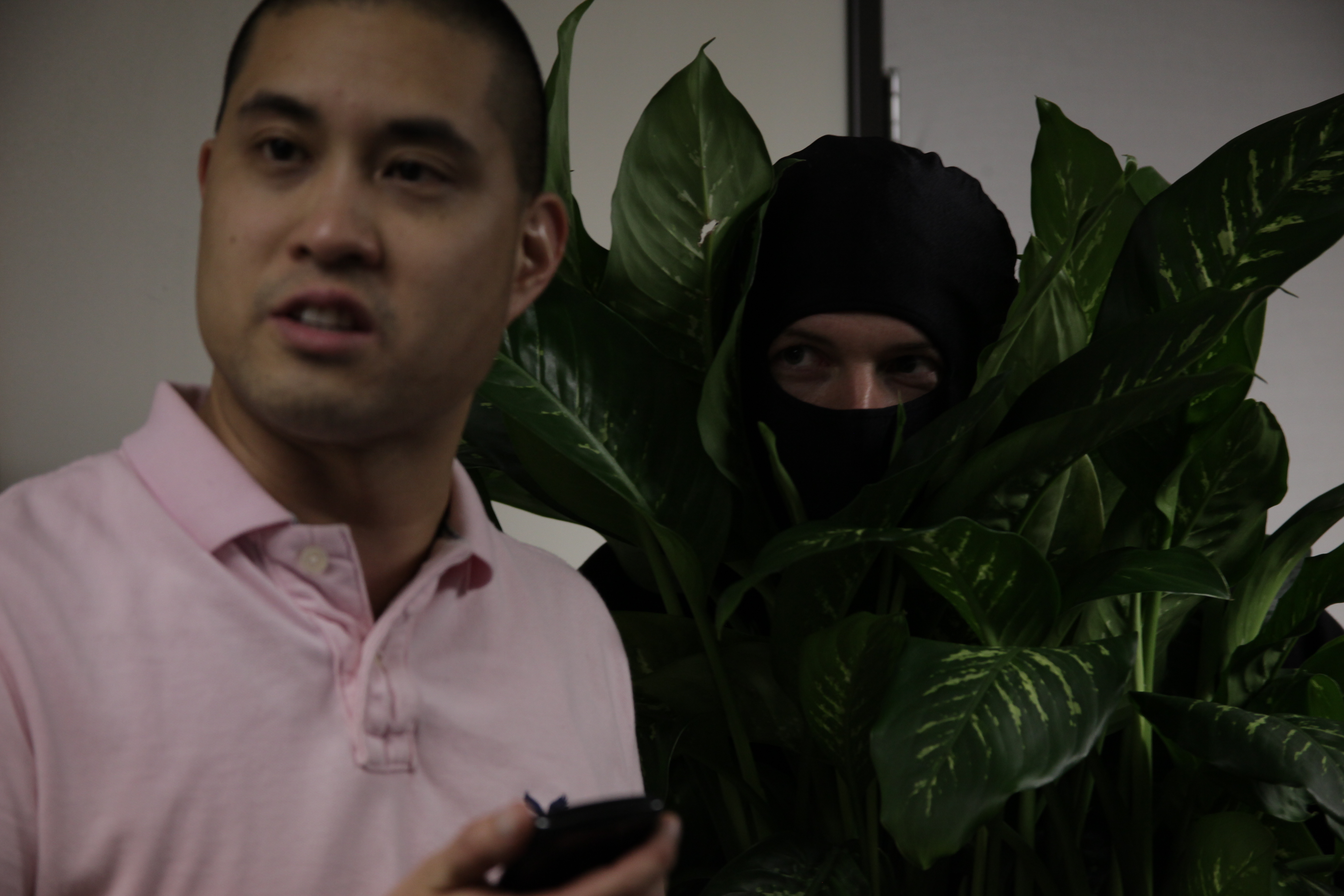Bin Lee being stalked on set of Office Ninja.