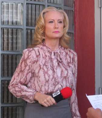 Andrea Anderson, as Reporter on set still from Detained in the Desert. Written by Josefina Lopez, Directed by Iliana Sosa.