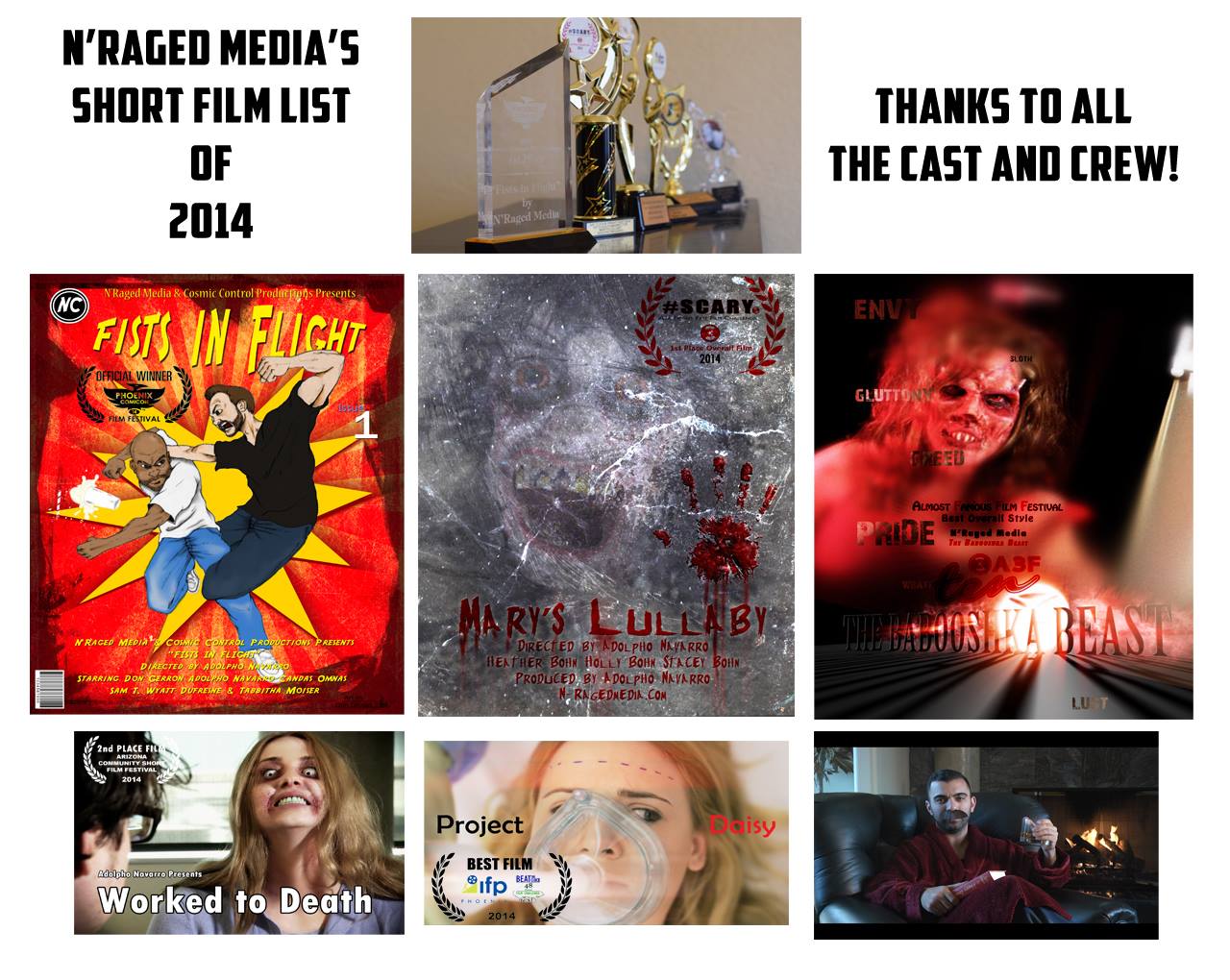 Some accomplishments in 2014 include: 1st Place Comicon Film 1st Place A3F Fright Fest 1st Place IFP Beat the Clock Challenge 2nd Place AZ Film Community 48 Hour festival