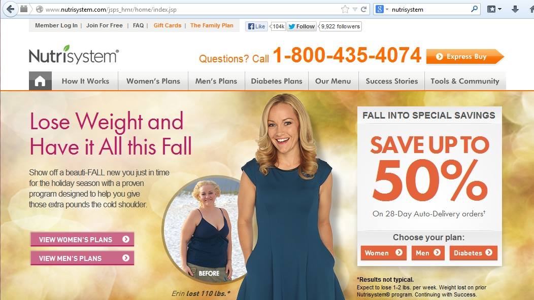 Nutrisystem home page October 2013