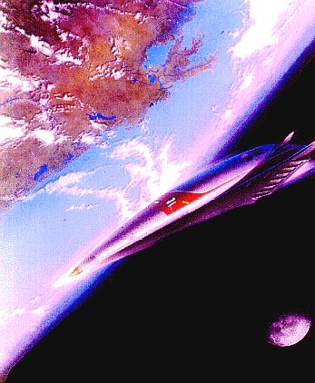 Artist illustration of the manned NASP hypersonic test vehicle that I designed for a book cover (incorporating elements from four contractor designs). Image used on poster of First International Conference on Hypersonic Flight.