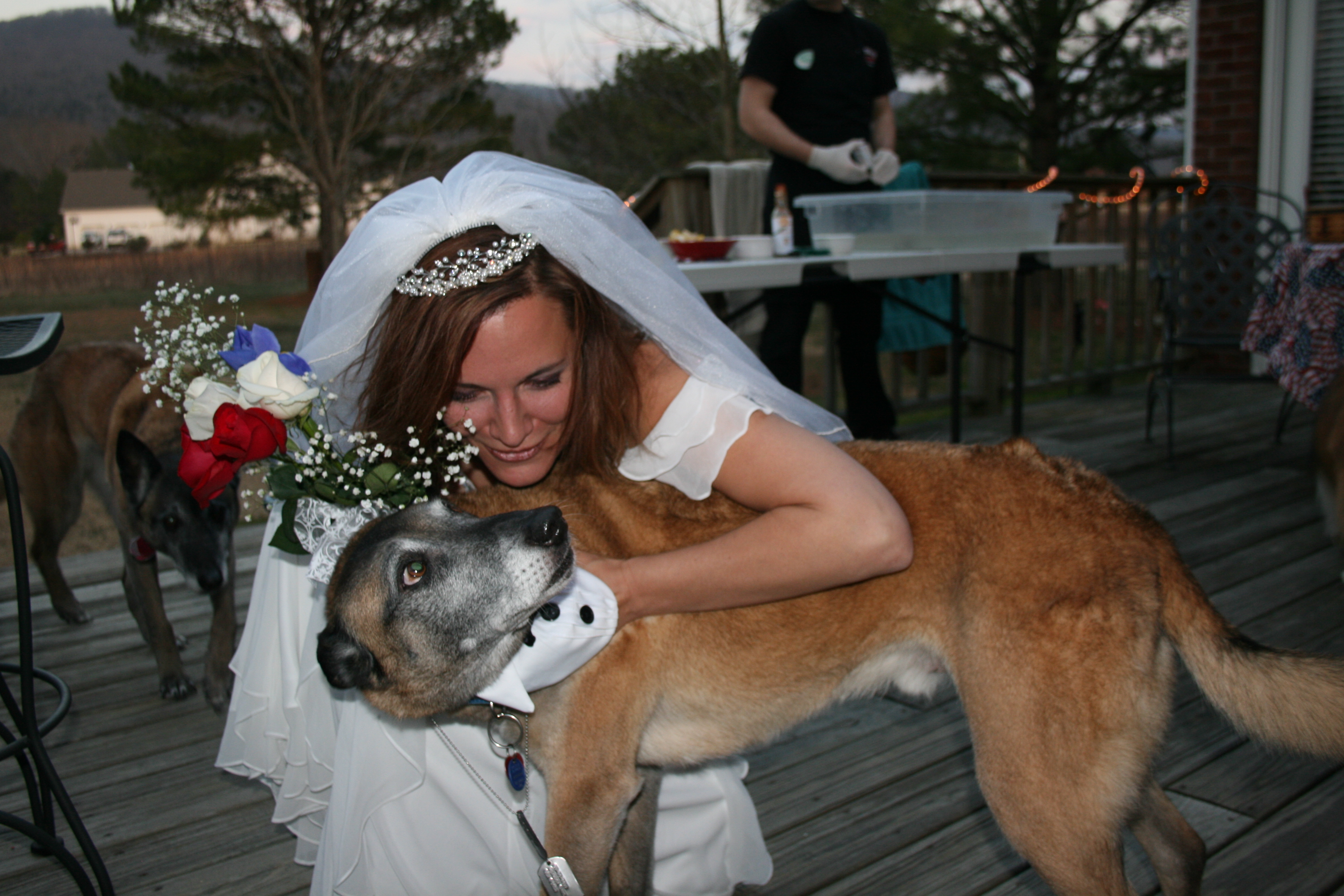 Auntie Jen hugs new hubby, Winston Dawg, after barking 