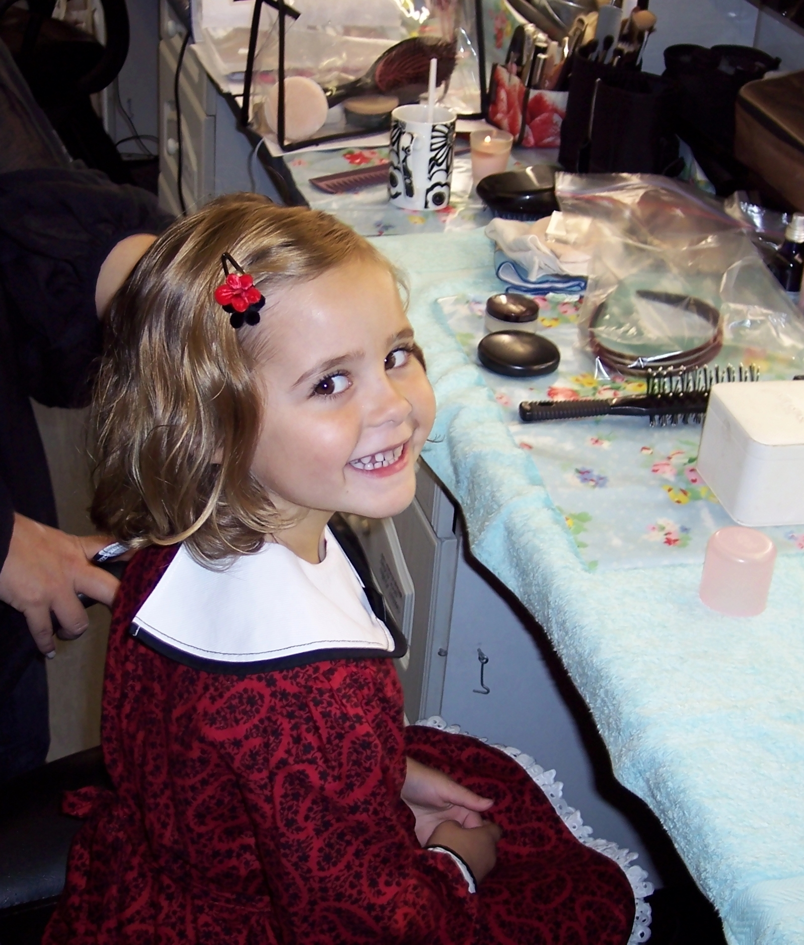 Lucy Hutchinson in make-up on 'Dustbin Baby' film set.