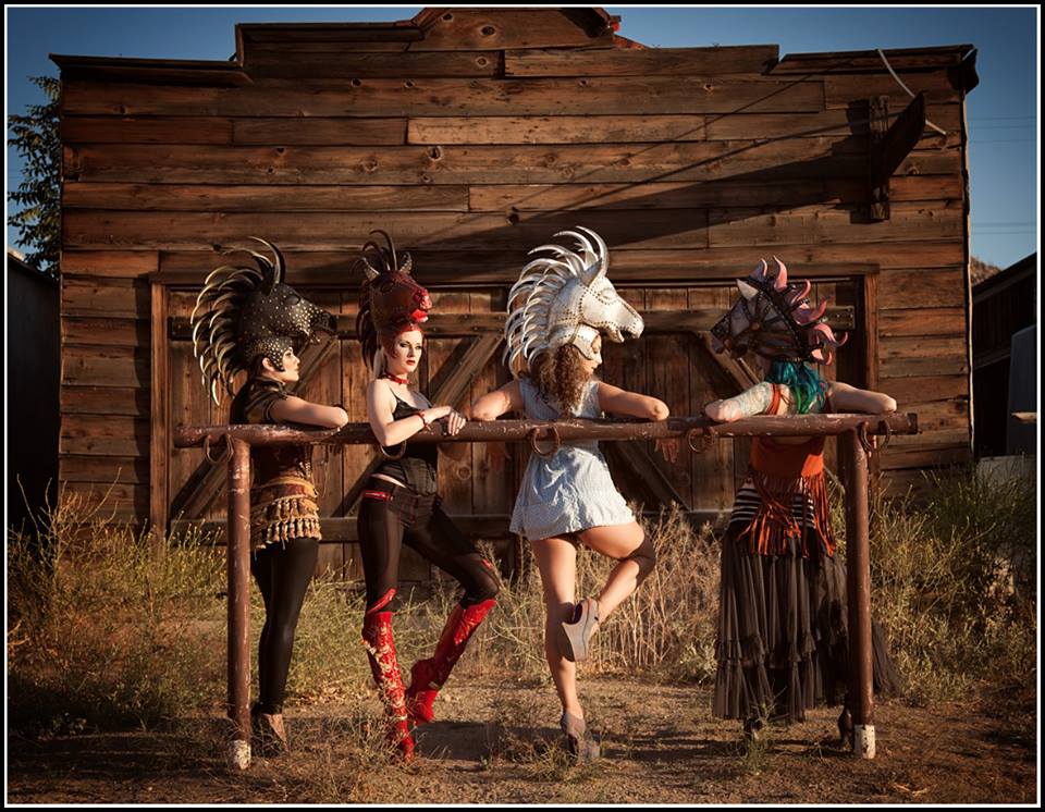 Hats by Bubbles and Frown. Models: Celeste Thorson, Emilia Bogdanova, Alexia Beaver Alexanian and Lyd Vishus on location in Pioneer Town, CA Makeup By Alexia Petre