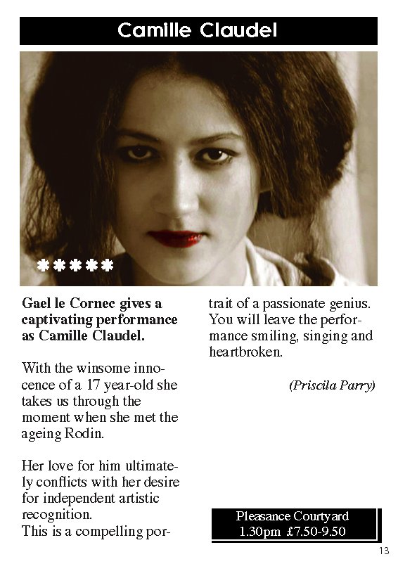 5 star review for Gaelle Cornec's one woman show 'Camille Claudel' at the Edinburgh Festival 2012