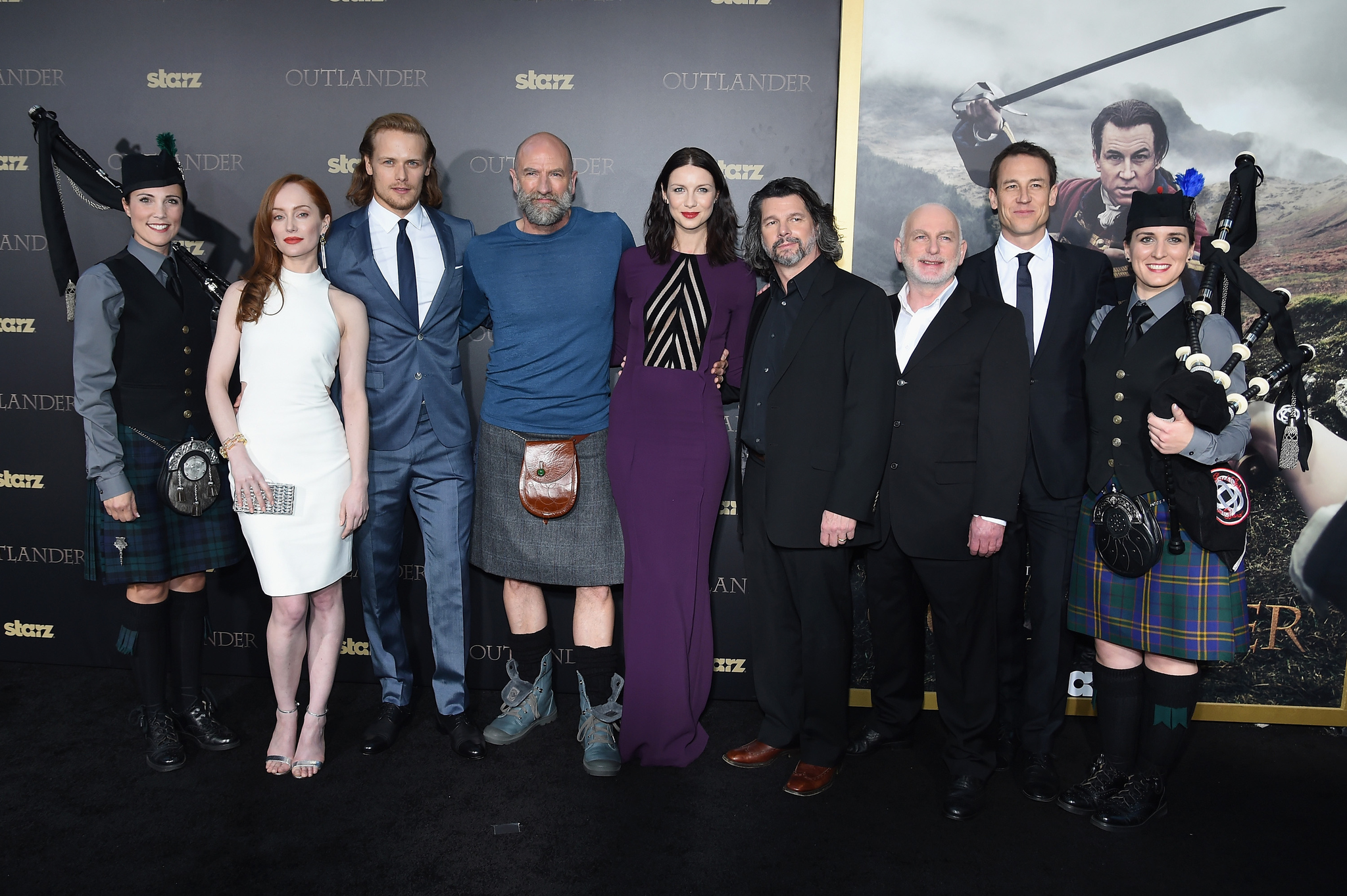 Gary Lewis, Graham McTavish, Tobias Menzies, Ronald D. Moore, Sam Heughan, Lotte Verbeek and Caitriona Balfe at event of Outlander (2014)