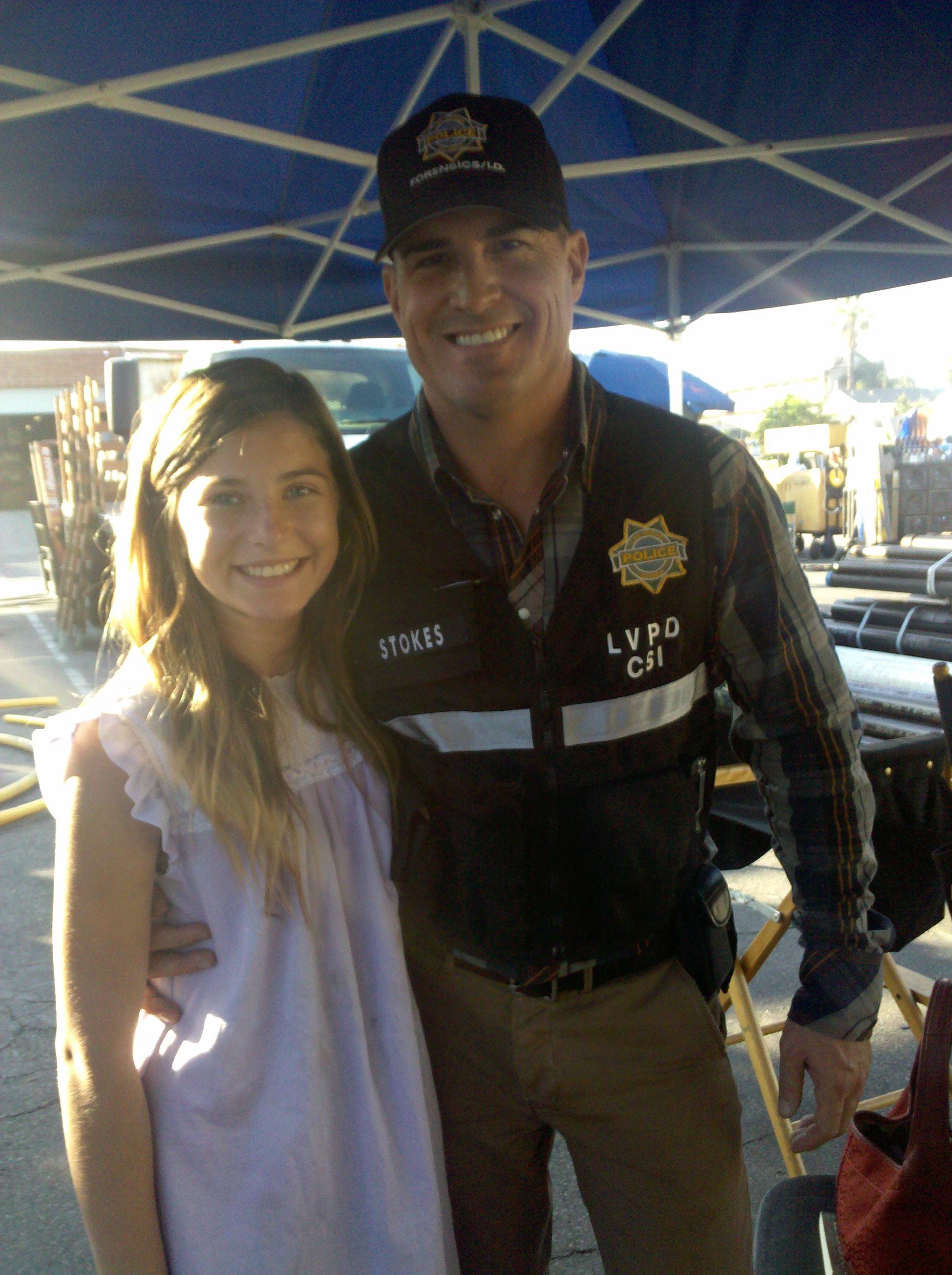 Jordyn Jo with George Eads on the set of CSI: Crime Scene Investigation.