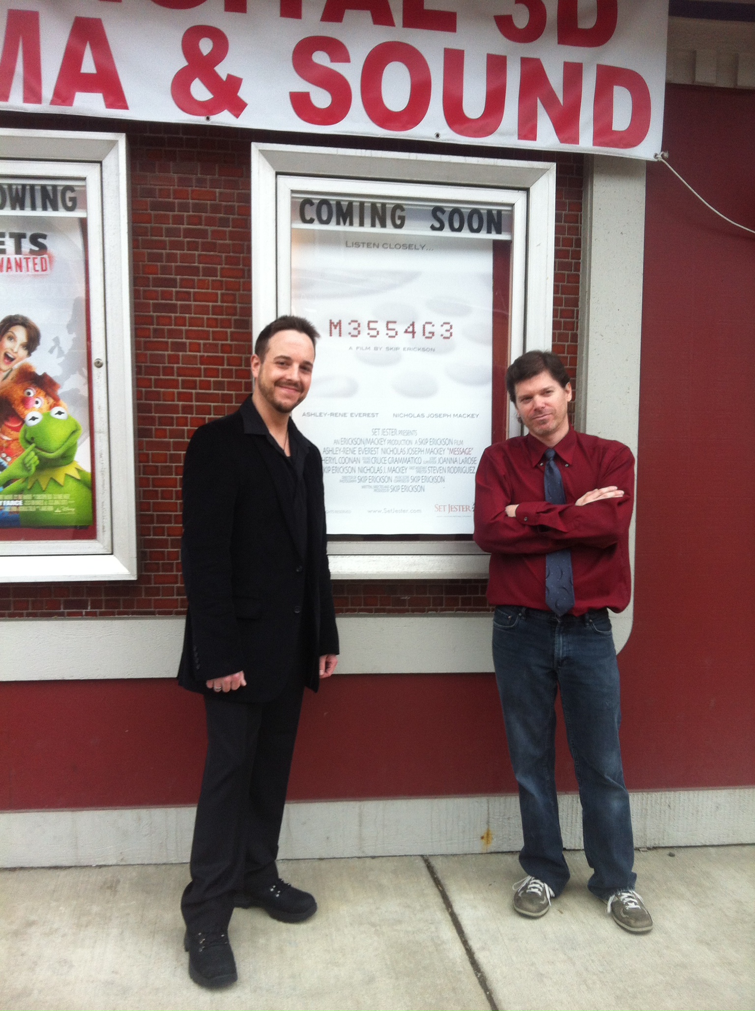 Actor/Producer Nicholas Joseph Mackey and Director/Producer Skip Erickson outside the Lyon Theatre Marque. First Official Screening for 'Message