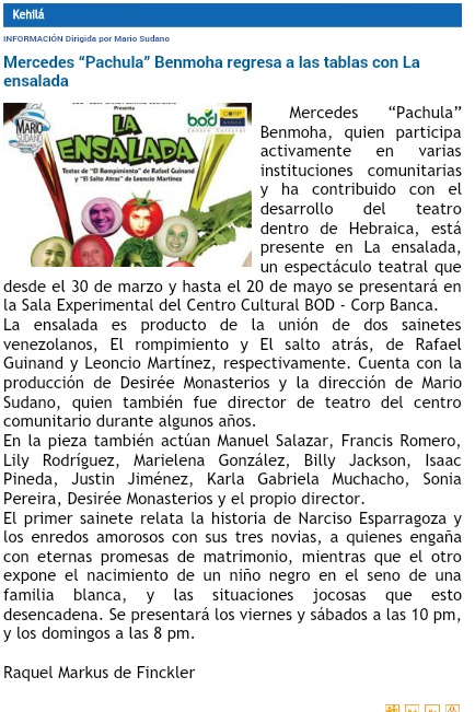 Newspaper: Nuevo Mundo Israelita. Interview for Theater Play 