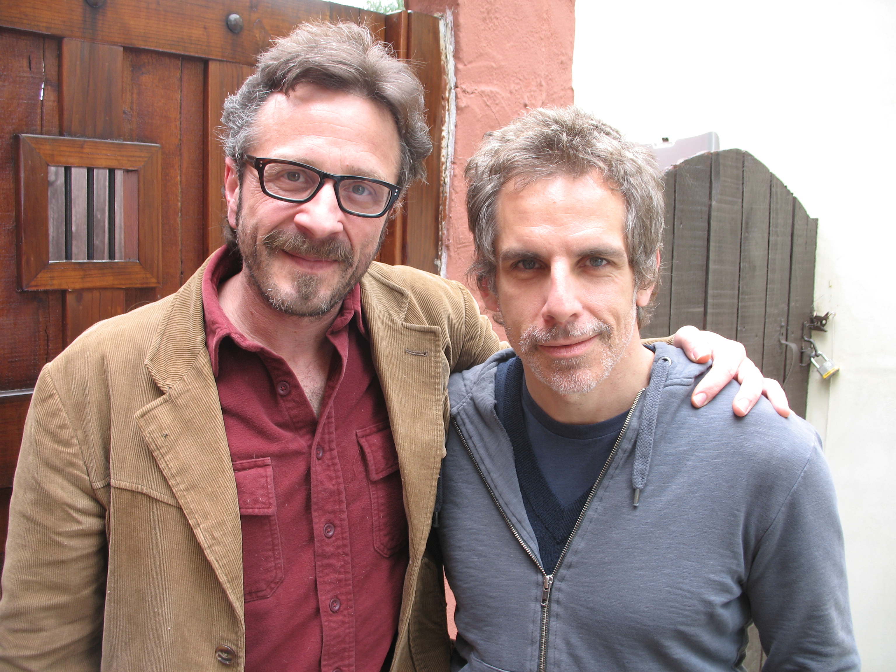 Marc Maron and Ben Stiller outside of the Garage at Cat Ranch Studio.