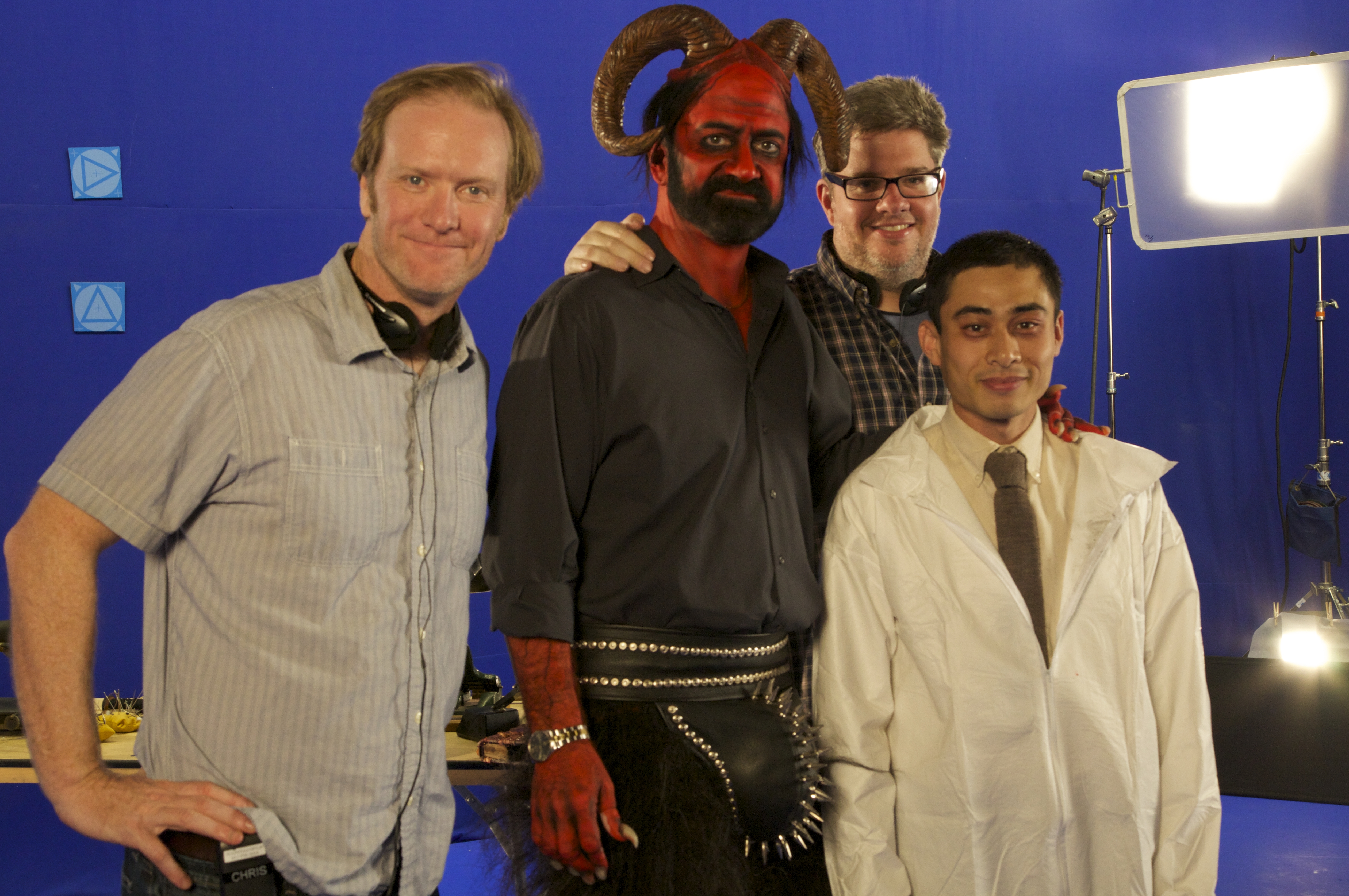 Dave Willis, Matt Servitto, Chris Casper Kelly, and William Ngo on the set of Adult Swim's Your Pretty Face is Going to Hell