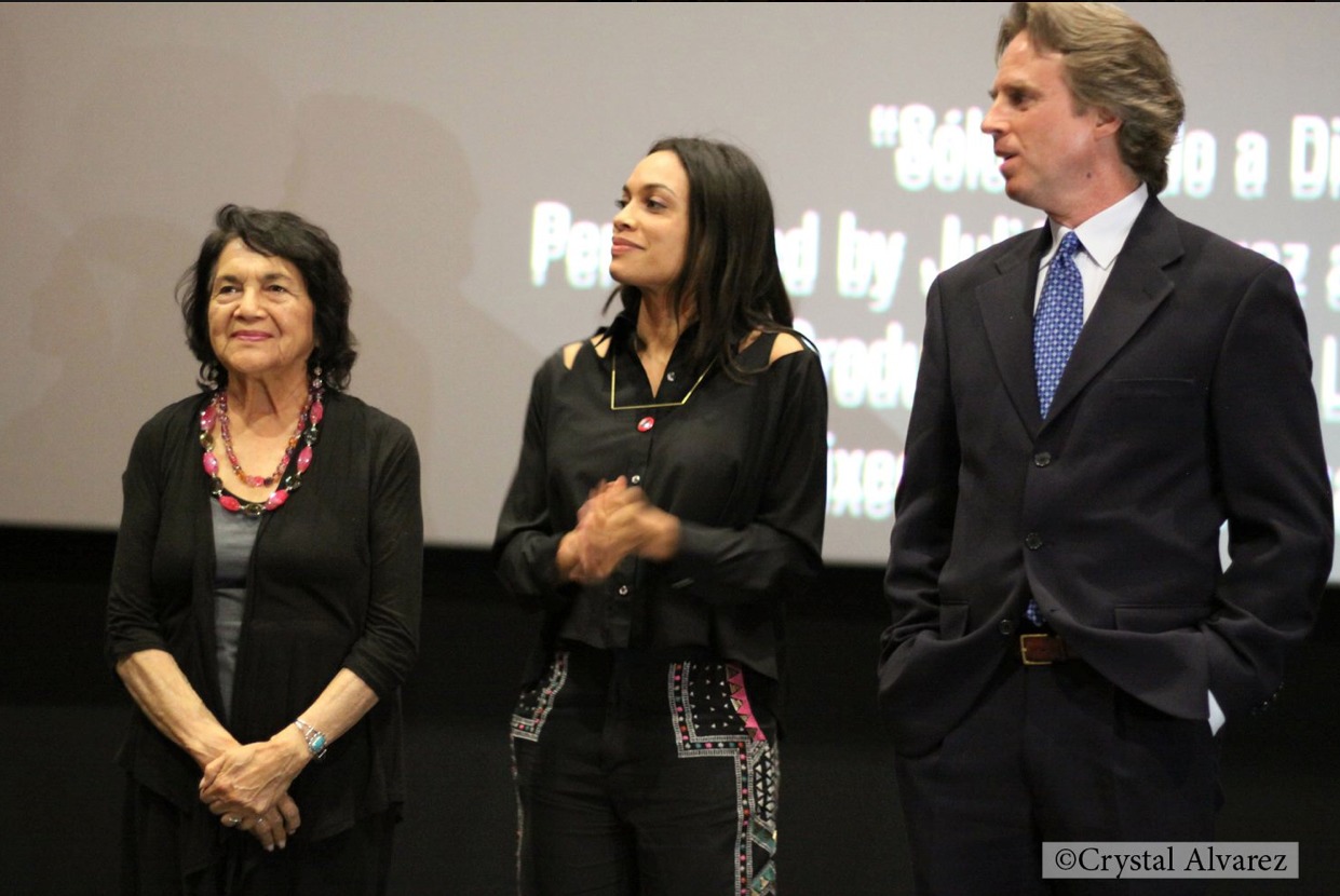 Jack Holmes and Rosario Dawson with Dolores Huerta at a screening event for 