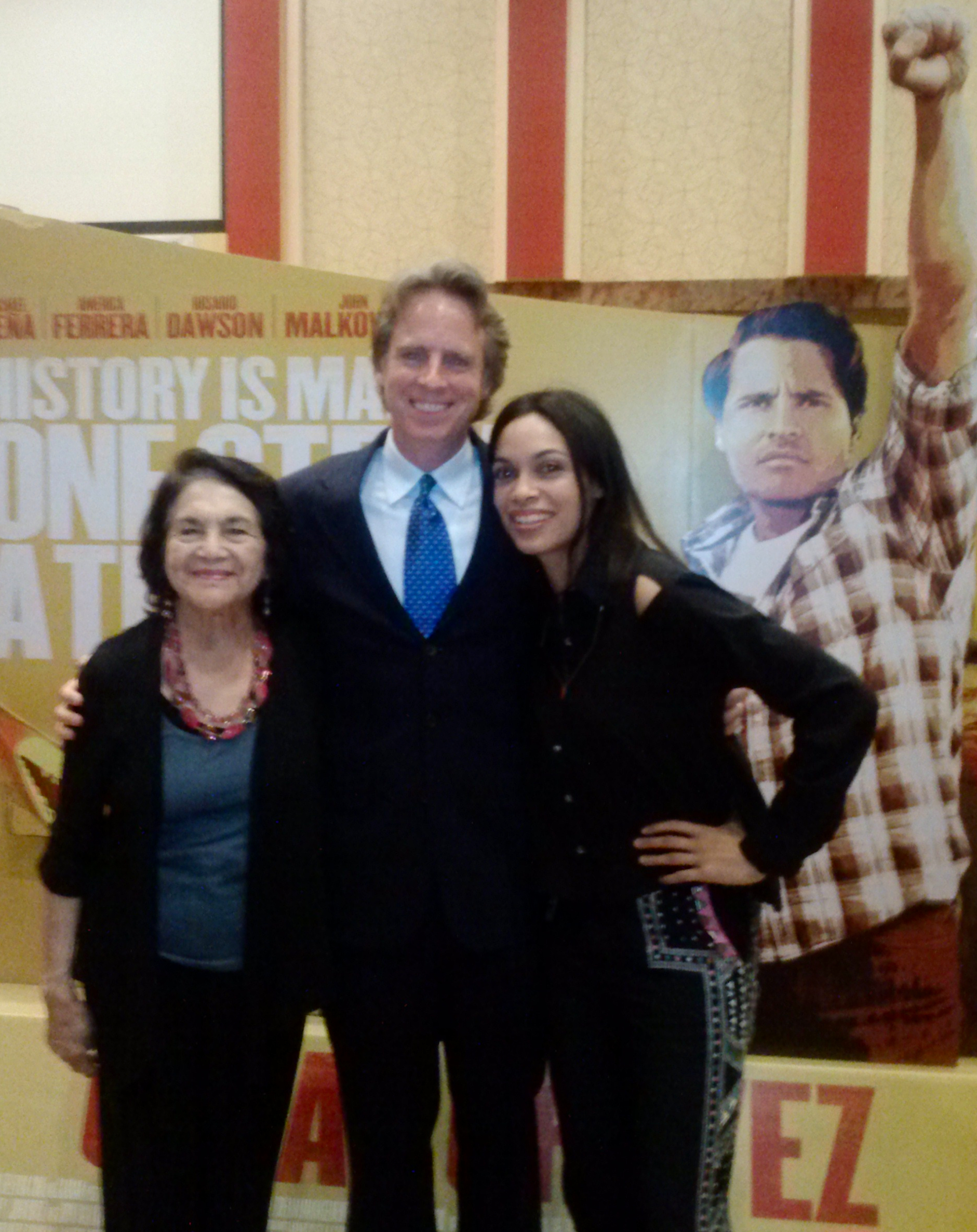Jack Holmes and Rosario Dawson with Dolores Huerta at the Bakersfield, CA premiere of 