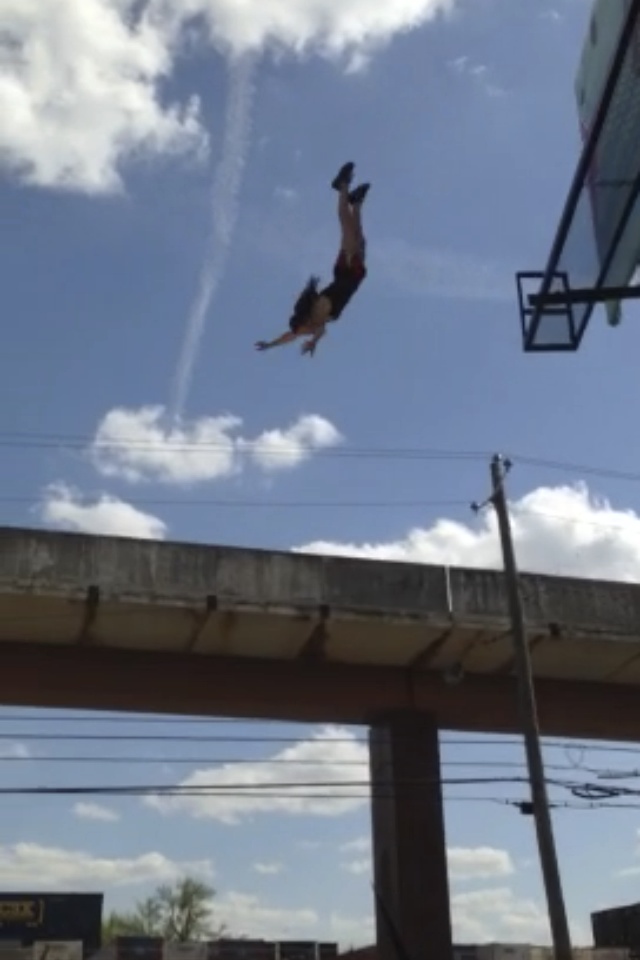 Stuntwoman Crystal Hooks performing a Header High Fall