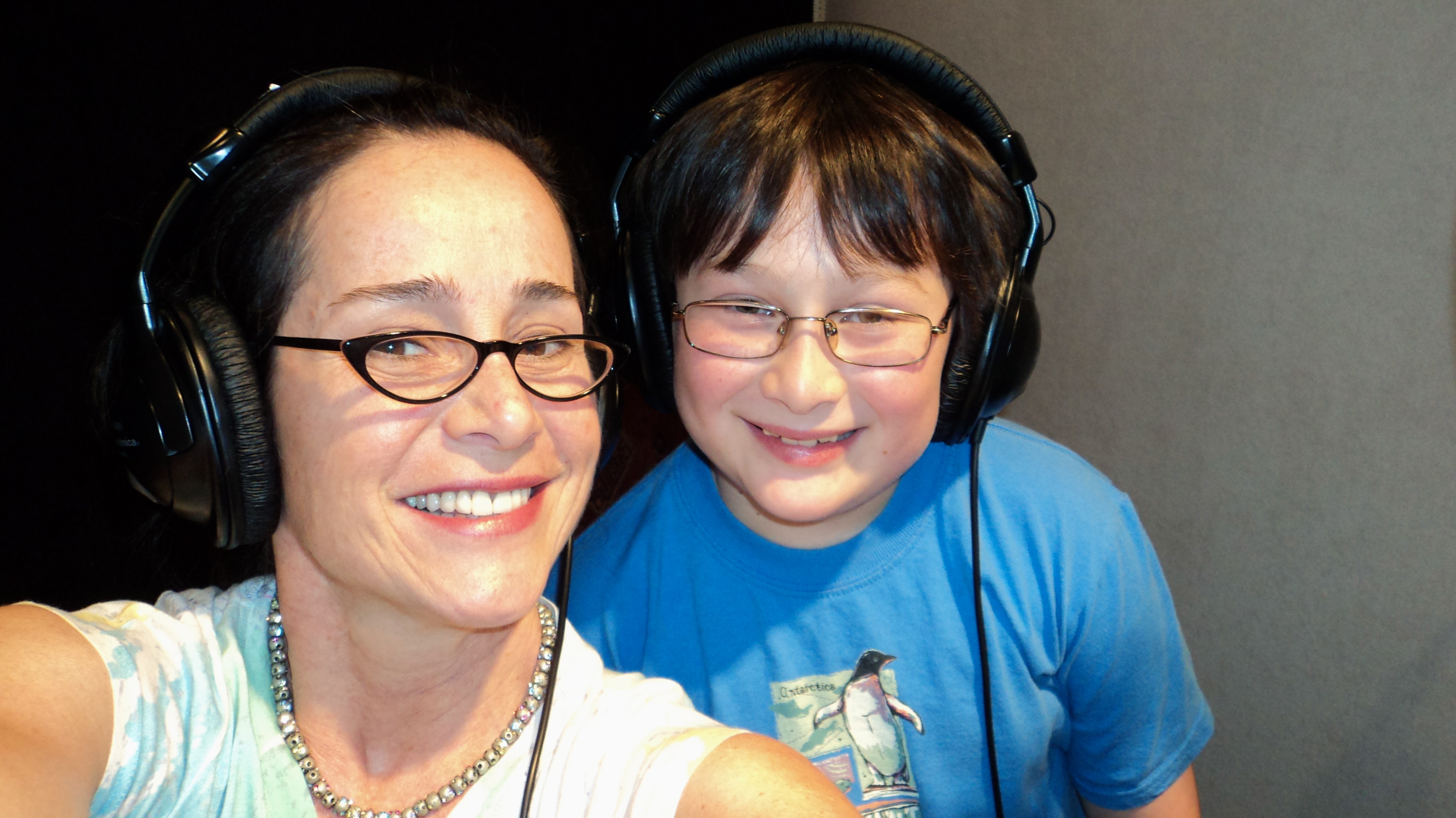 Matthew Jacob Wayne, with voice director, Stevie Vallance, at Salami Studios, in Studio City, CA, working on Matthew's voice over role as 'Little Nutbrown Hare', on Disney Junior's: 