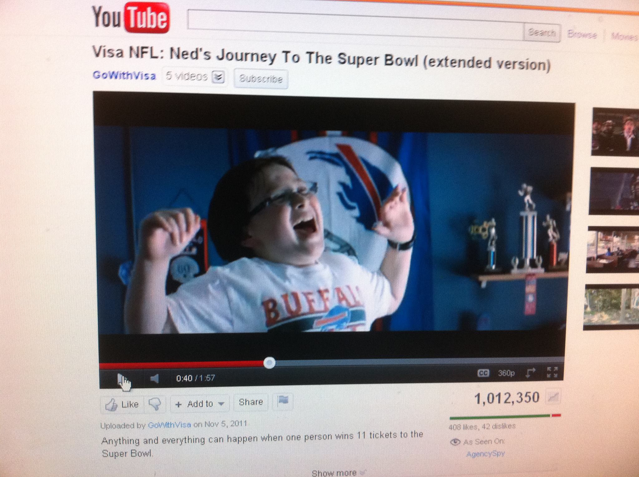 Still Screen Shot, from VISA - NFL 2011 Commercial, for Super Bowl Campaign, Matthew Jacob Wayne, lead role: Ned's Nephew.