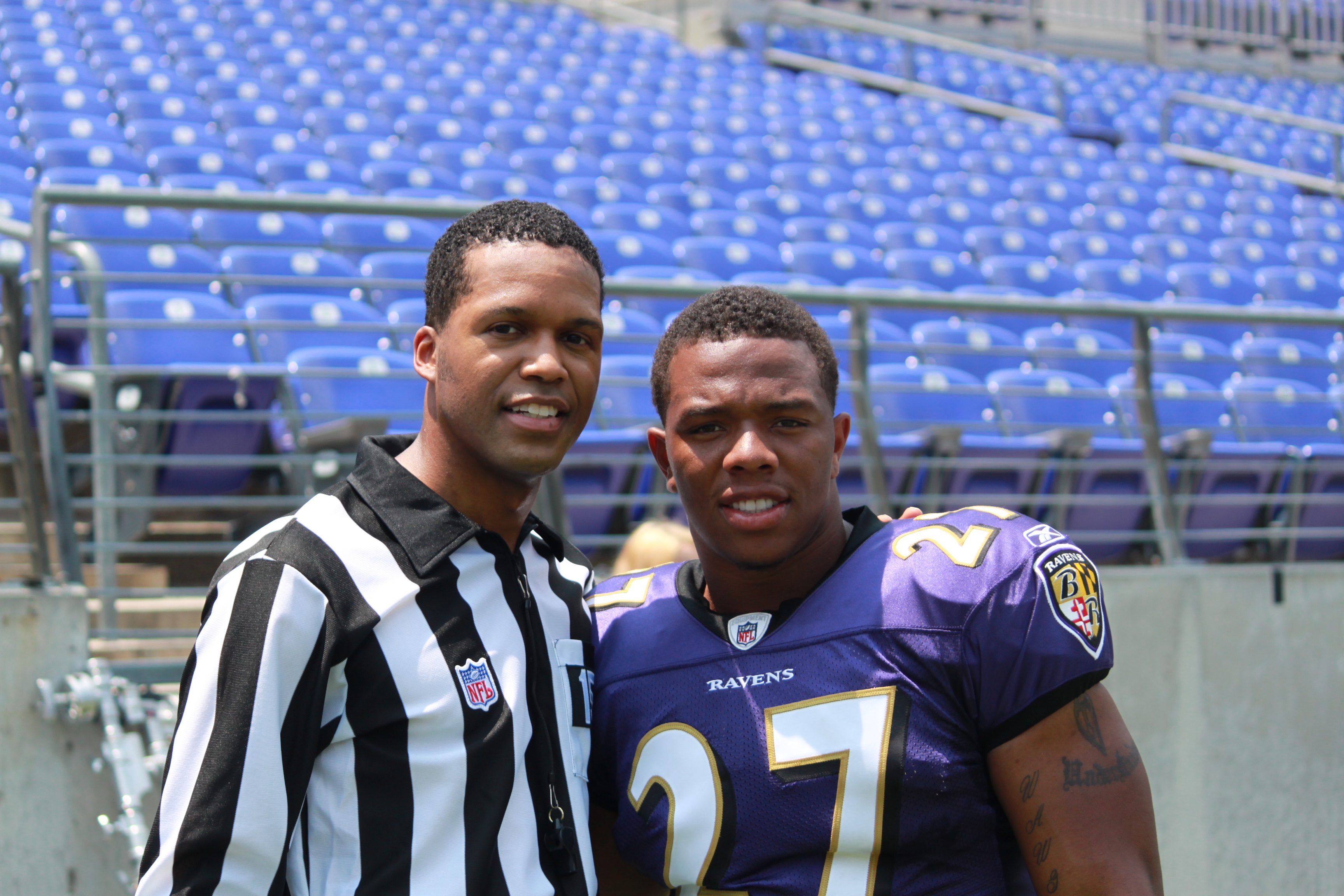 Altorro Prince Black and the Baltimore Ravens' Ray Rice while filming a commercial for BGE