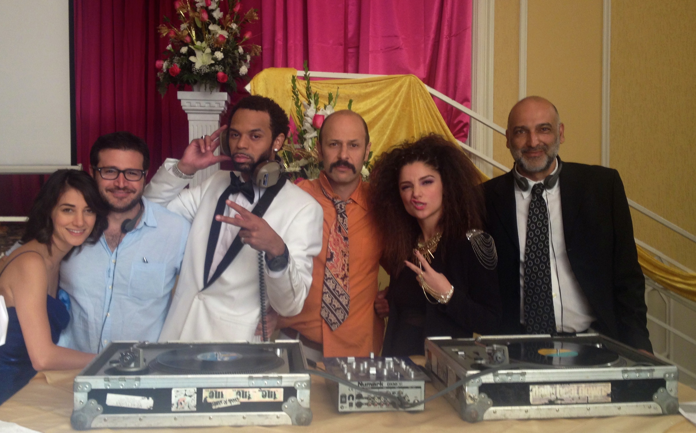 Sheila Vand, Jonathan Kesselman, MC Tehran, Maz Jobrani, Tara Grammy, Amir Ohebsion on set of Jimmy Vestvood