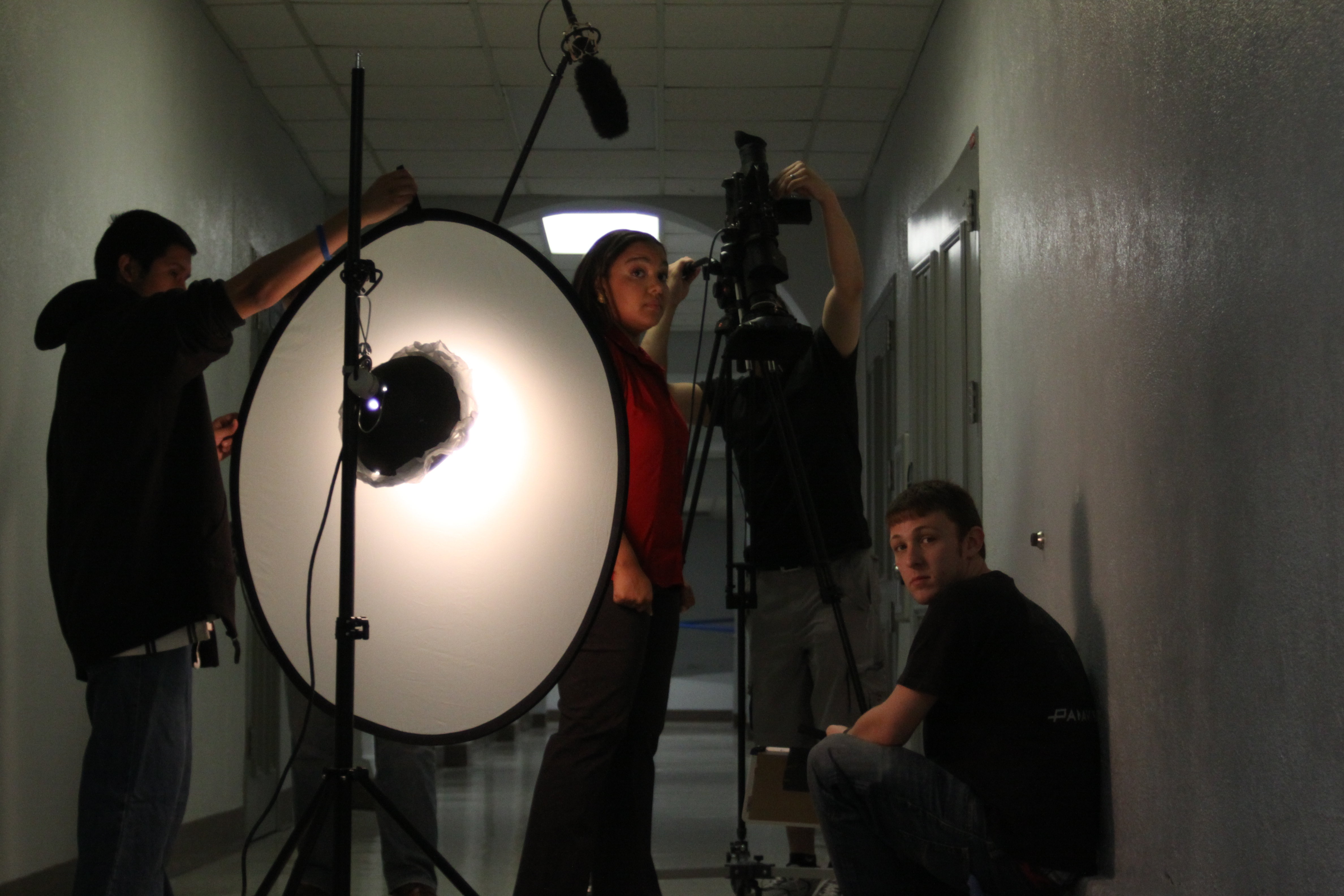 Omar Sica-Baten (far left), Monica De La Torre, Martin Lemaire and Liam A. Miller on the set of Hide.