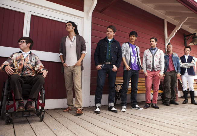 Still of Mark Salling, Mike Harry, Darren Criss, Chris Colfer and Samuel Larsen in Glee (2009)
