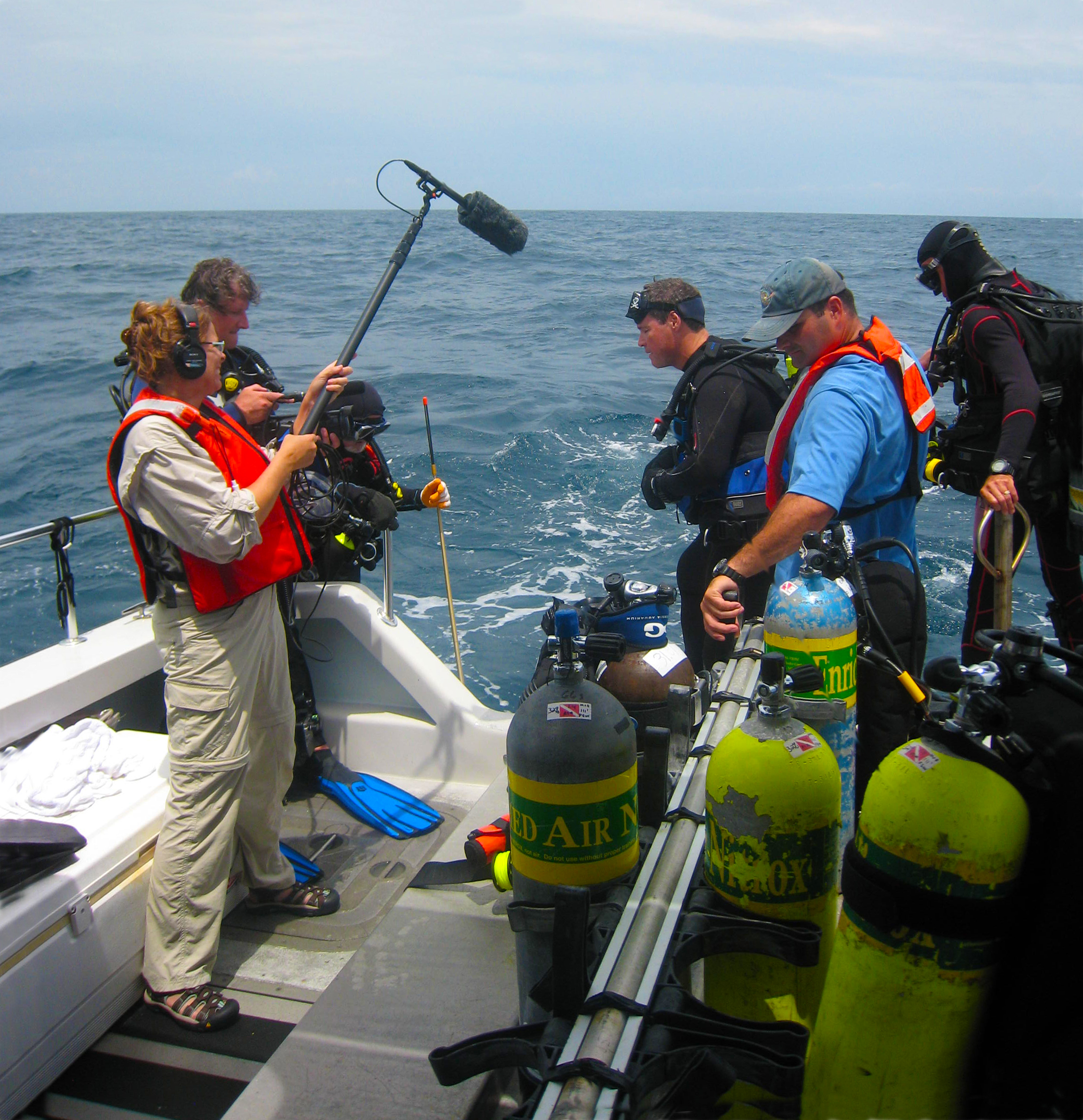 Ocean Mysteries with Jeff Corwin - Nancy Case captures Jeff's audio as he delivers dialogue that sets-up deep dive to look for Lion Fish. (Producer/Director & Cinematographer Rob Case in background)