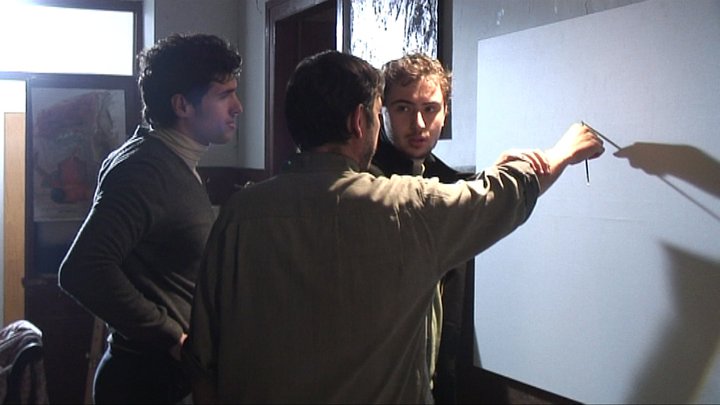 Petros Antoniadis with Alexandros Logothetis and Panagiotis Marlagoutsos (painter) shooting the Short Film 
