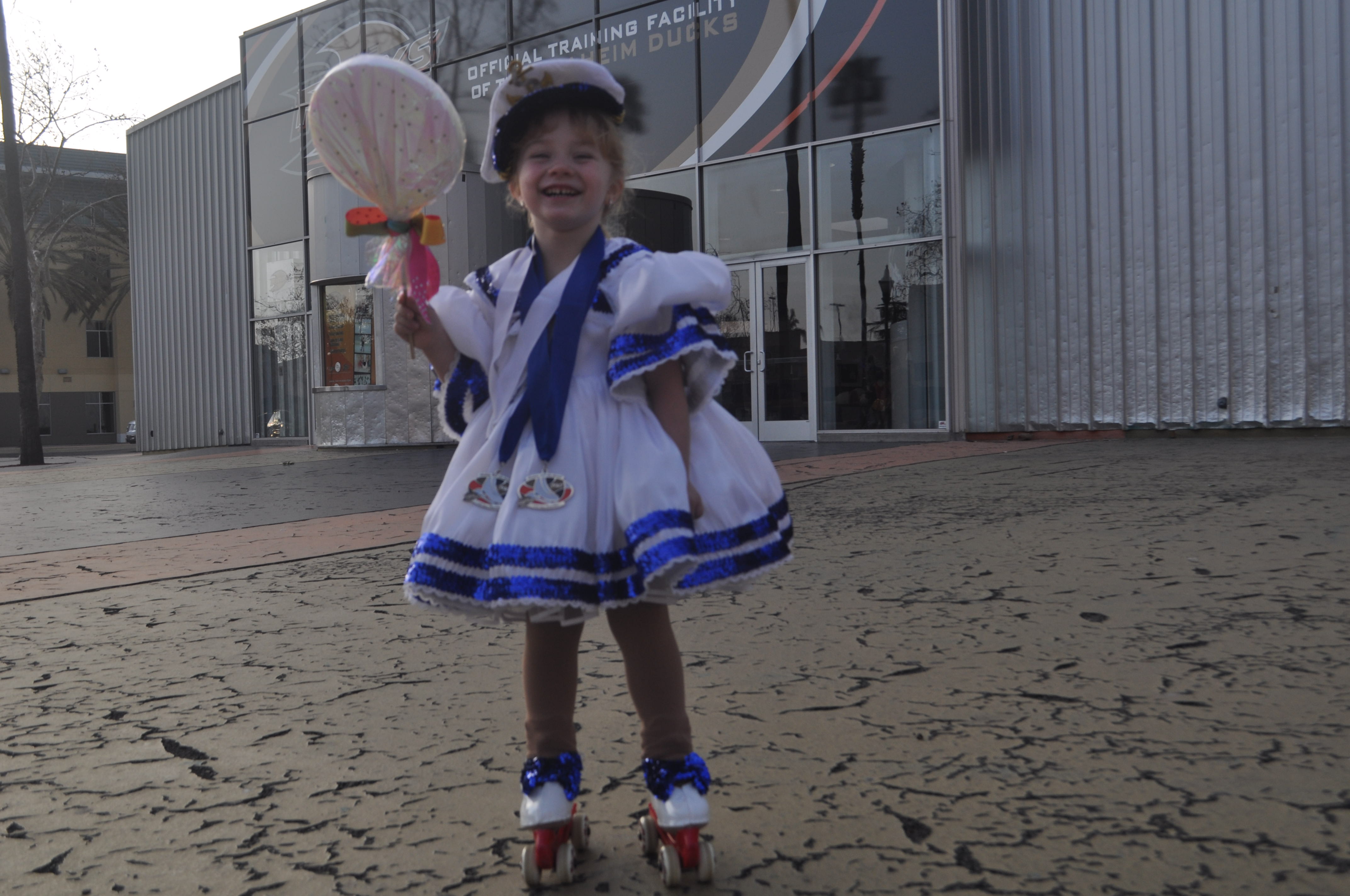 After three days of figure skating competition and three 1st place medals at Anaheim Rosanna ready to roller skate home. Sailor's costume custom-designed and custom-made by Oxana Foss
