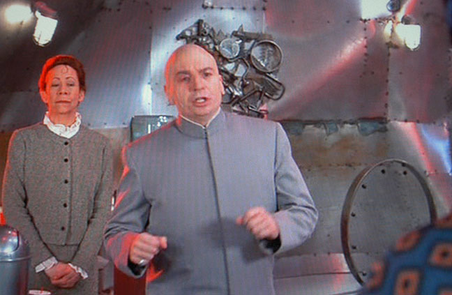 This is a scene from Austin Powers - The Spy Who Shagged Me, featuring Bruce Gray's break apart metal wall sculpture, and his Suspension floating magnets sculpture.