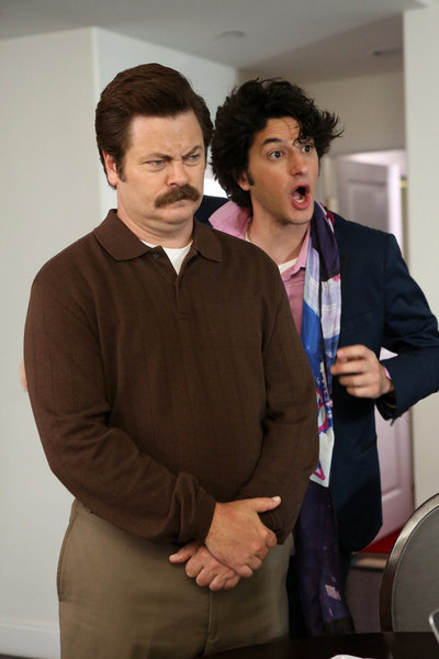 Still of Nick Offerman and Ben Schwartz in Parks and Recreation (2009)