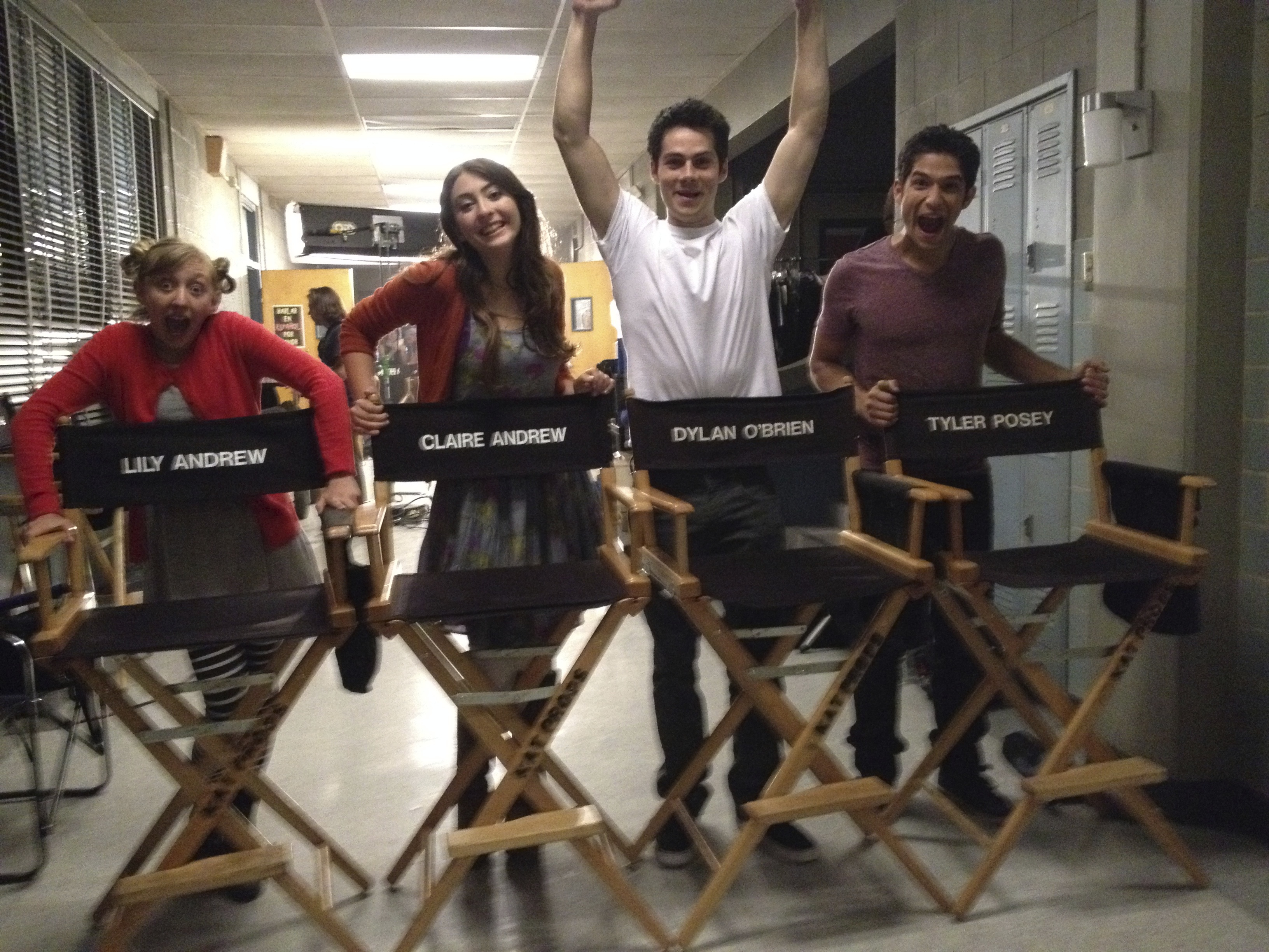 On the set of MTV's Teen Wolf. Lily Bleu Andrew, Claire Bryétt Andrew, Dylan O'Brien, Tyler Posey