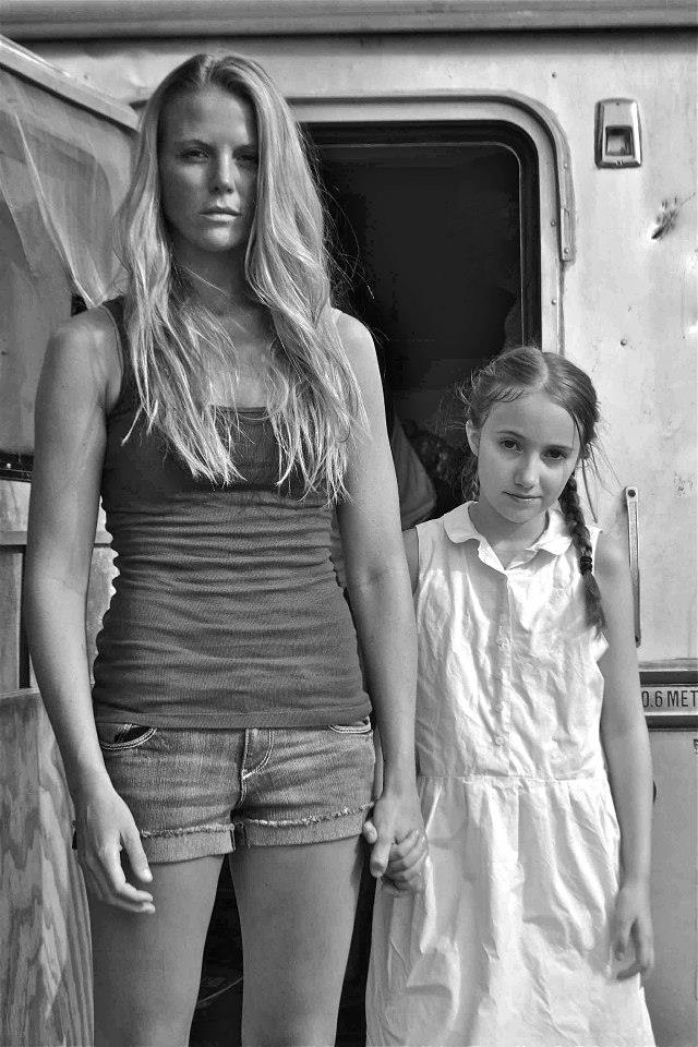 Harper (Tricia Jo Hoffman) and young Harper (Kaelynn Wright) on the set of Mulberry Stains