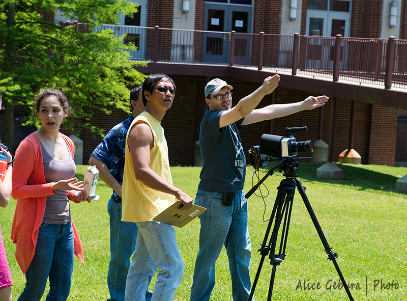 On the set of our LaFilmPrize entry, RISE, the co-directors working with cinematographer for our next shot.