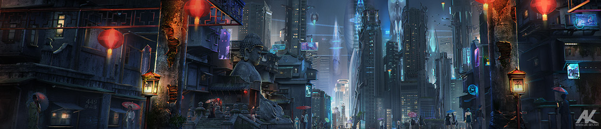 Futuristic city, where old part meets the new, high-tech zone.