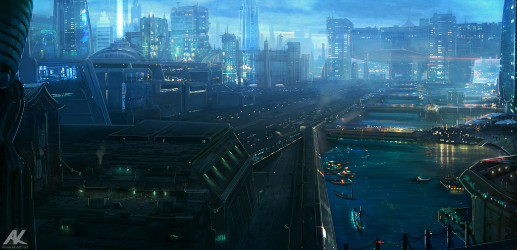 Bridge City A futuristic city, where abandoned, old part meets a new, prosperous district. Artwork done for a personal project.
