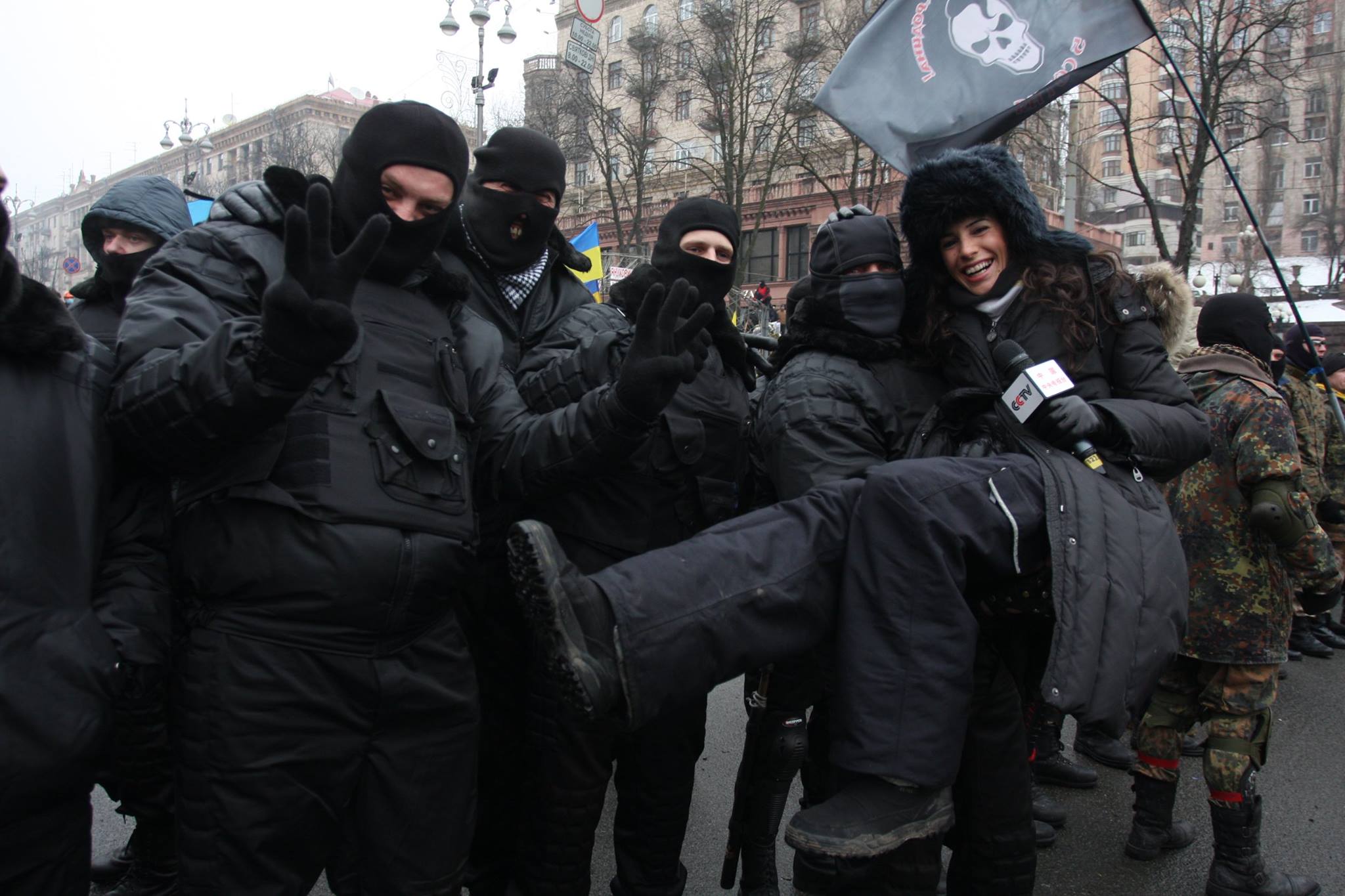 Reporting in Kiev Ukraine during - a moment of lightness with protesters. April 2014