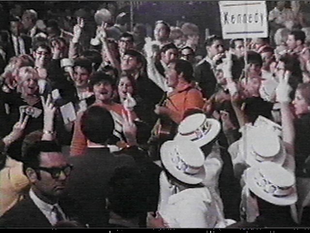 BEFORE RFK'S FINAL SPEECH THE SOUNDS OF TIME AMBASSADOR HOTEL JUNE 4-5TH 1968. THE SOUNDS OF TIME IN ORANGE SWEATERS ON THE FLOOR OF THE EMBASSY BALLROOM.